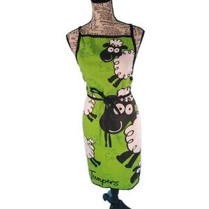 Jumping Sheep Apron Irsh Clover Novely Print Tie Close Wooly Jumpers Green